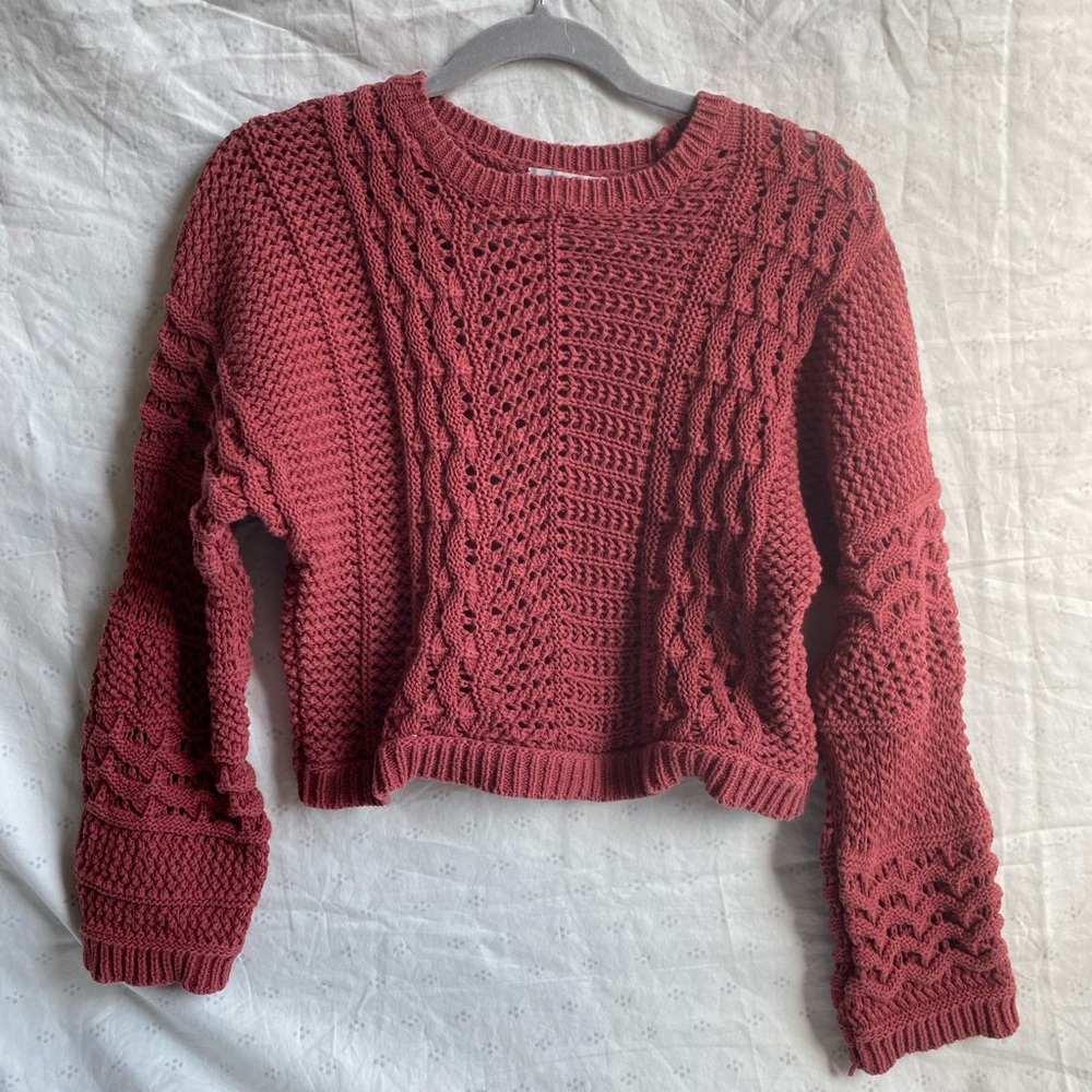 Madewell Size Medium Coral Red Cable Chunky Knitted Full Bubble Sleeve Sweater